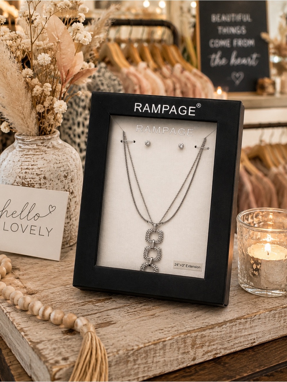Rampage Layered Rhinestone Pendant Necklace & Stud Earrings NIB